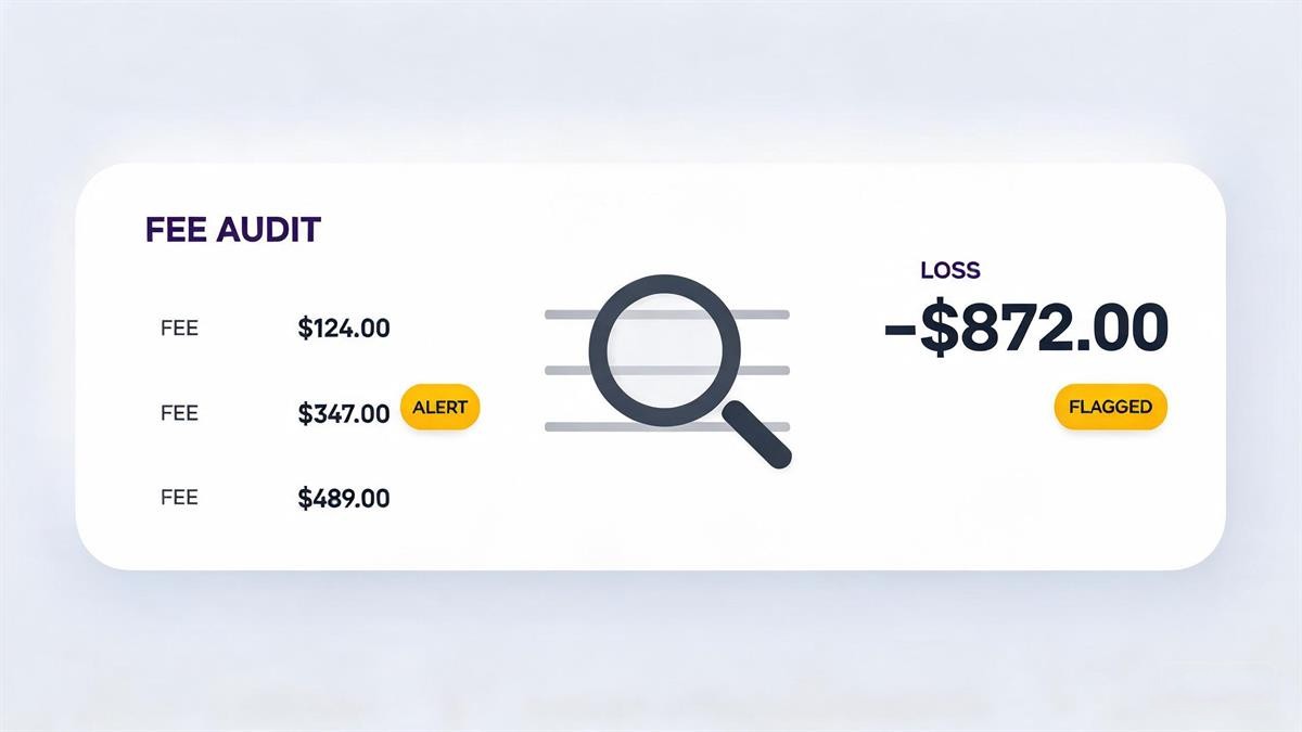 Fee audit report illustration — magnifying glass over flagged charges and loss total