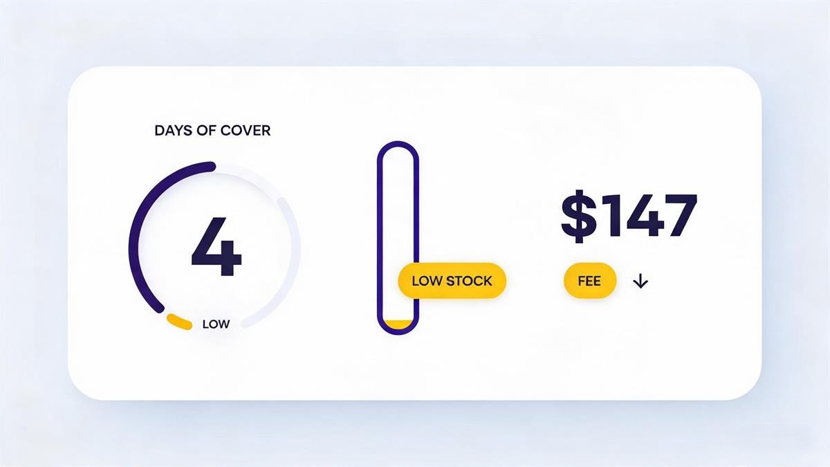 Low stock days-of-cover gauge illustration with low stock warning and fee