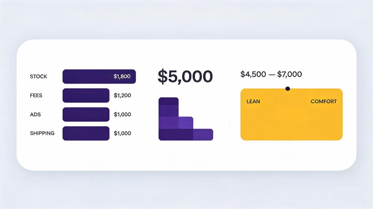 Amazon FBA startup budget illustration — cost breakdown, total, and lean vs comfortable range
